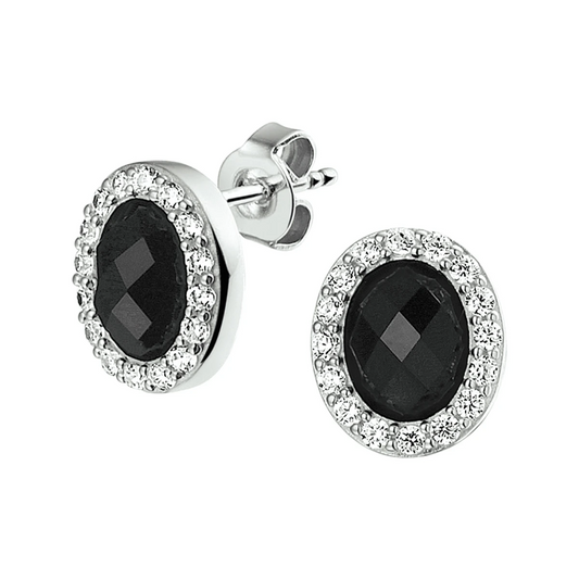 oorknoppen onyx en zirkonia halo zilver gerhodineerd