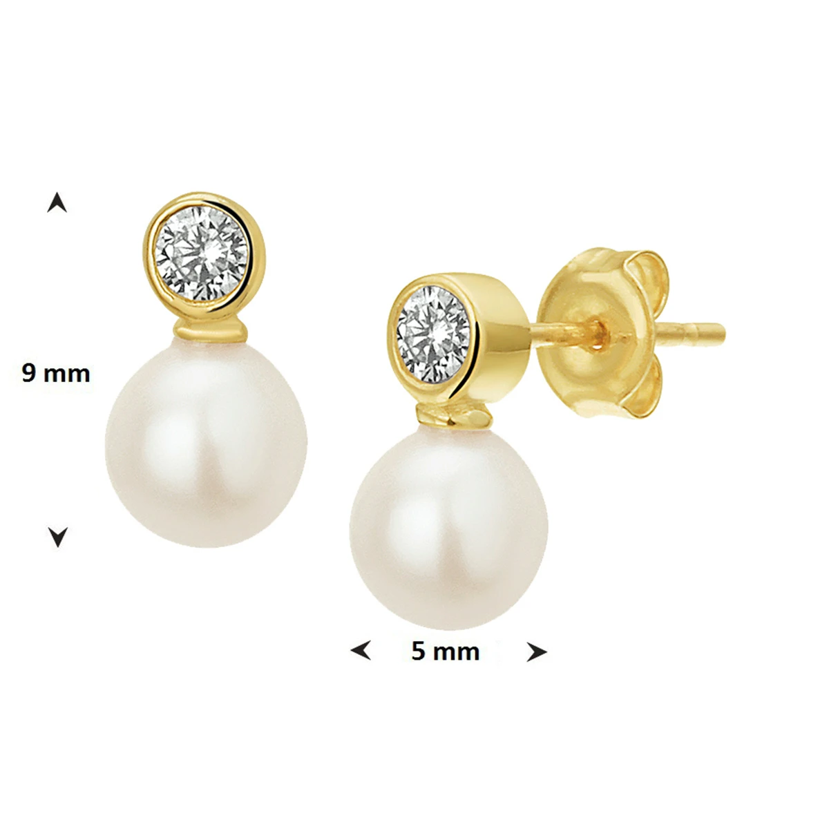 oorknoppen parel en zirkonia 14K geelgoud