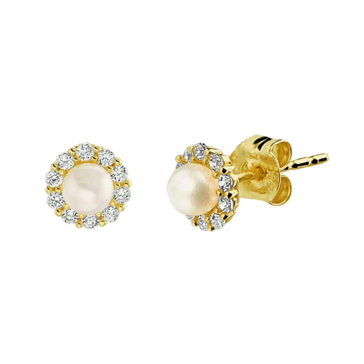 oorknoppen parel en zirkonia 14K geelgoud