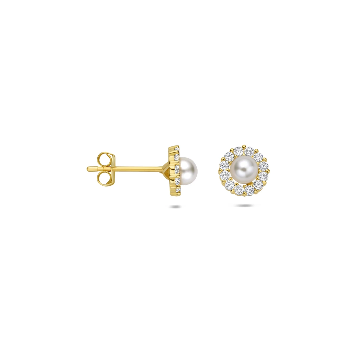 oorknoppen parel en zirkonia 6,5 mm 14K geelgoud