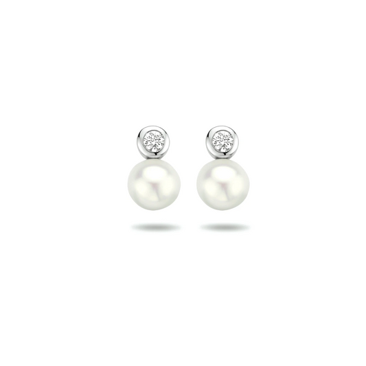 oorknoppen parel en zirkonia zilver gerhodineerd