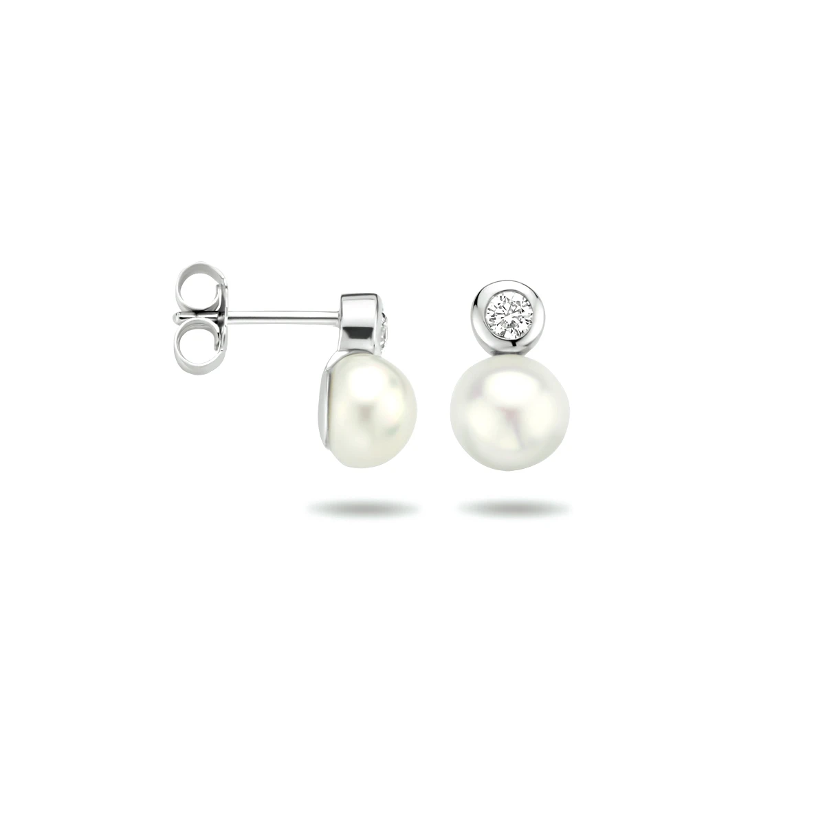 oorknoppen parel en zirkonia zilver gerhodineerd