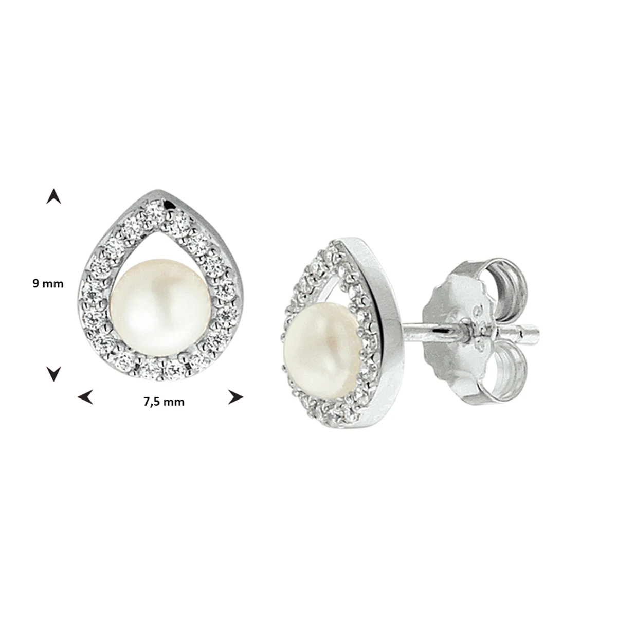 oorknoppen parel en zirkonia zilver gerhodineerd