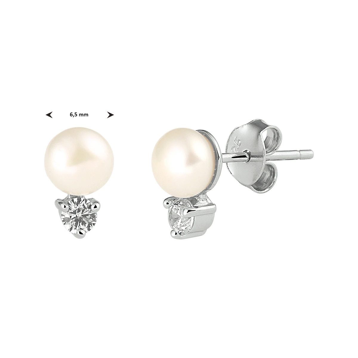 oorknoppen parel en zirkonia zilver gerhodineerd