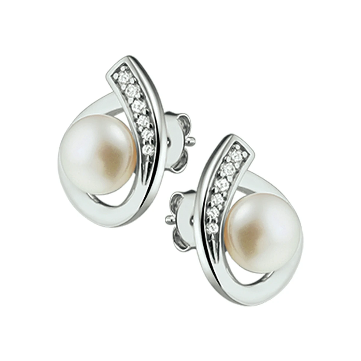 oorknoppen parel en zirkonia zilver gerhodineerd
