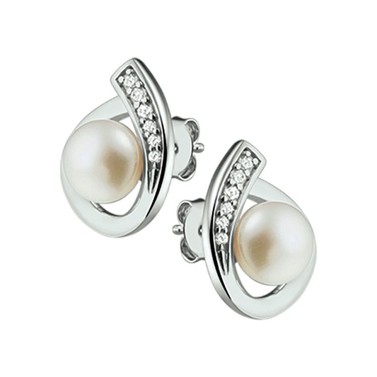 oorknoppen parel en zirkonia zilver gerhodineerd