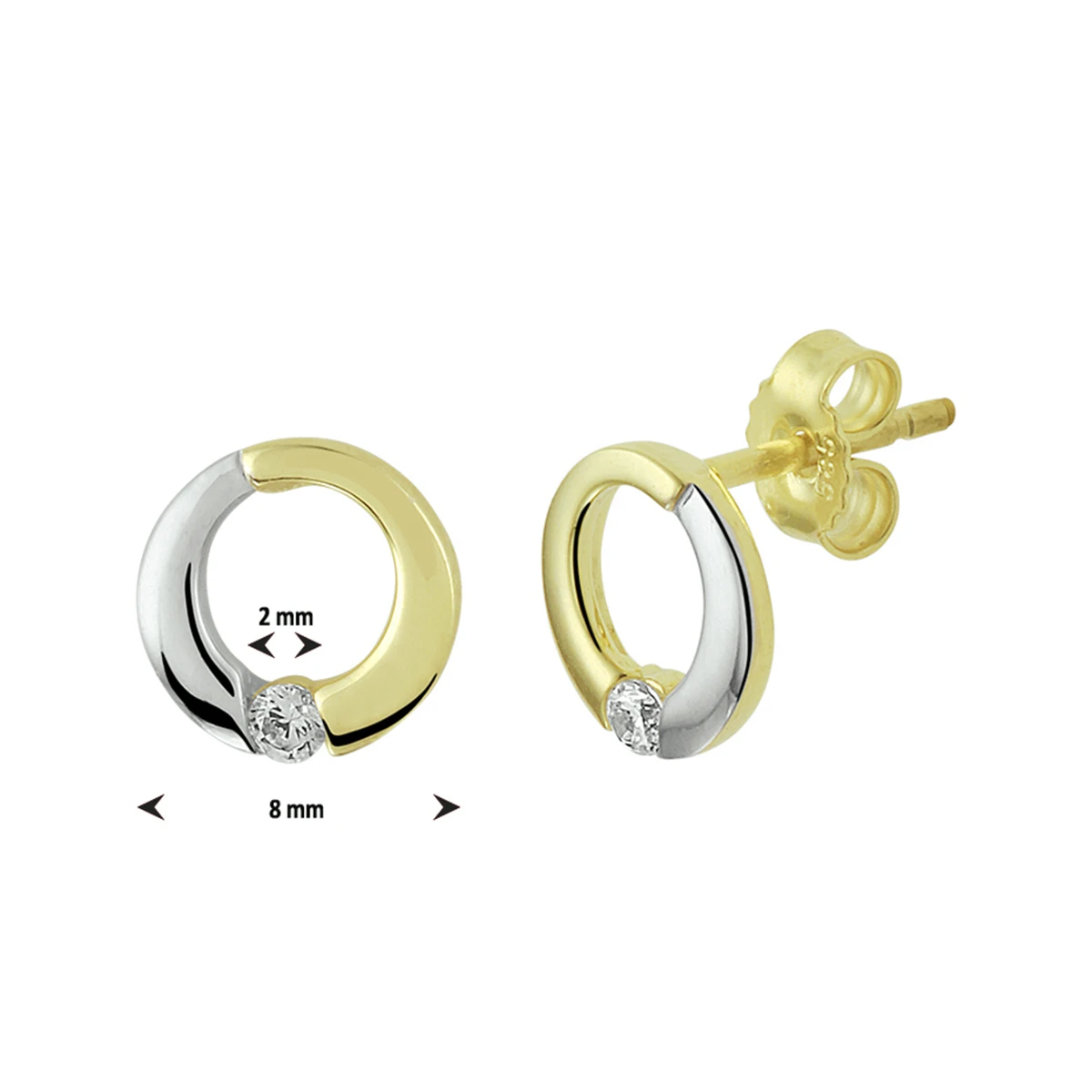 oorknoppen rondje zirkonia bicolor gestift 14K geelgoud