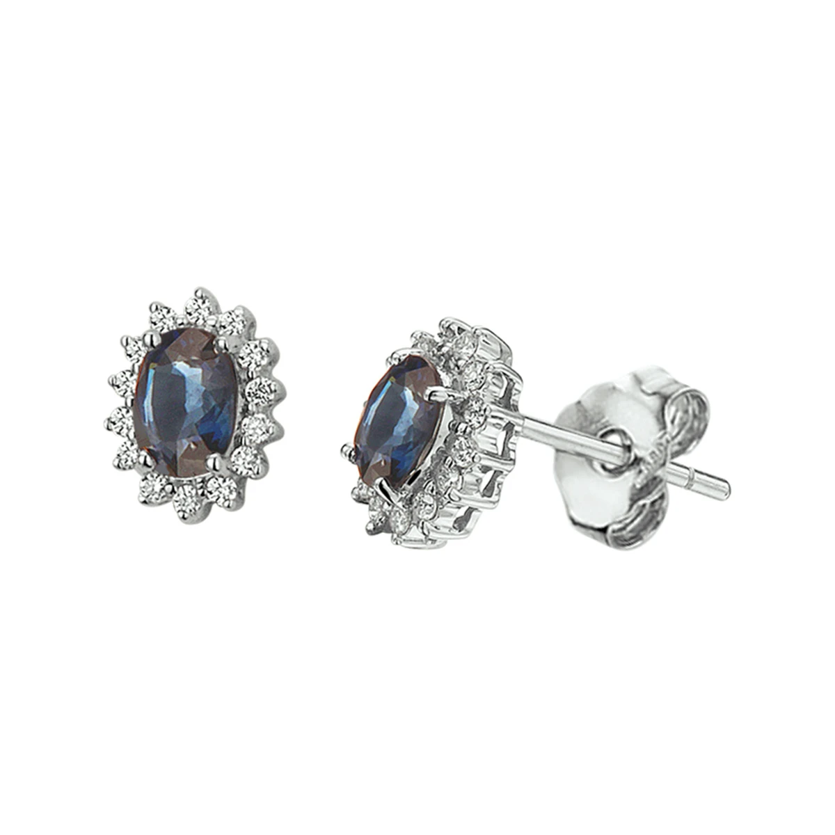 oorknoppen saffier diamant 0.19ct(2x0.095) h si halo 14K witgoud