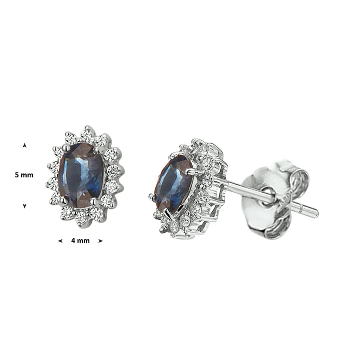 oorknoppen saffier diamant 0.19ct(2x0.095) h si halo 14K witgoud