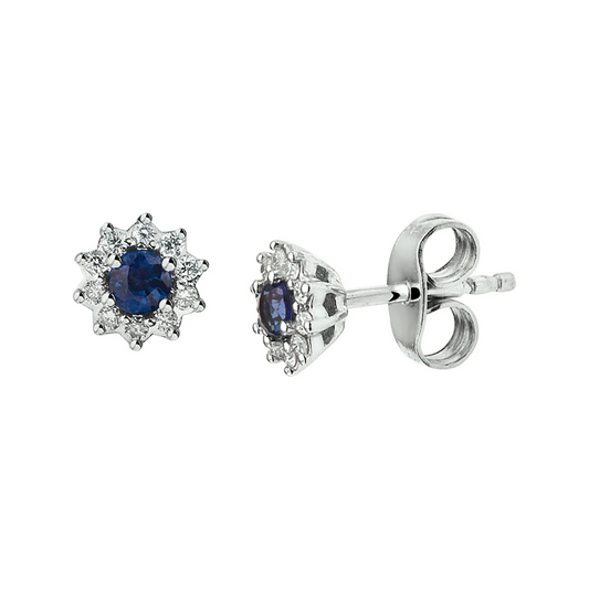 oorknoppen saffier en diamant 0.11ct (2x0.055ct) h p1 halo 14K witgoud