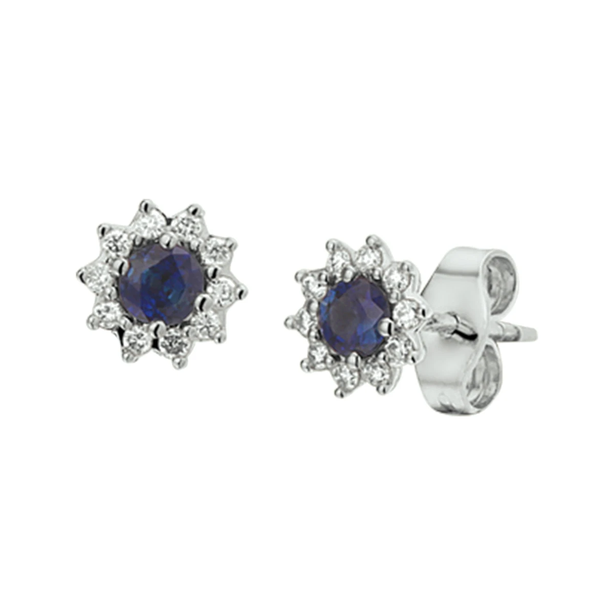 oorknoppen saffier en diamant 0.13ct (2x0.065ct) h p1 halo 14K witgoud