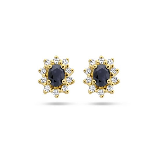 oorknoppen saffier en diamant 0.16 ct halo 14K geelgoud