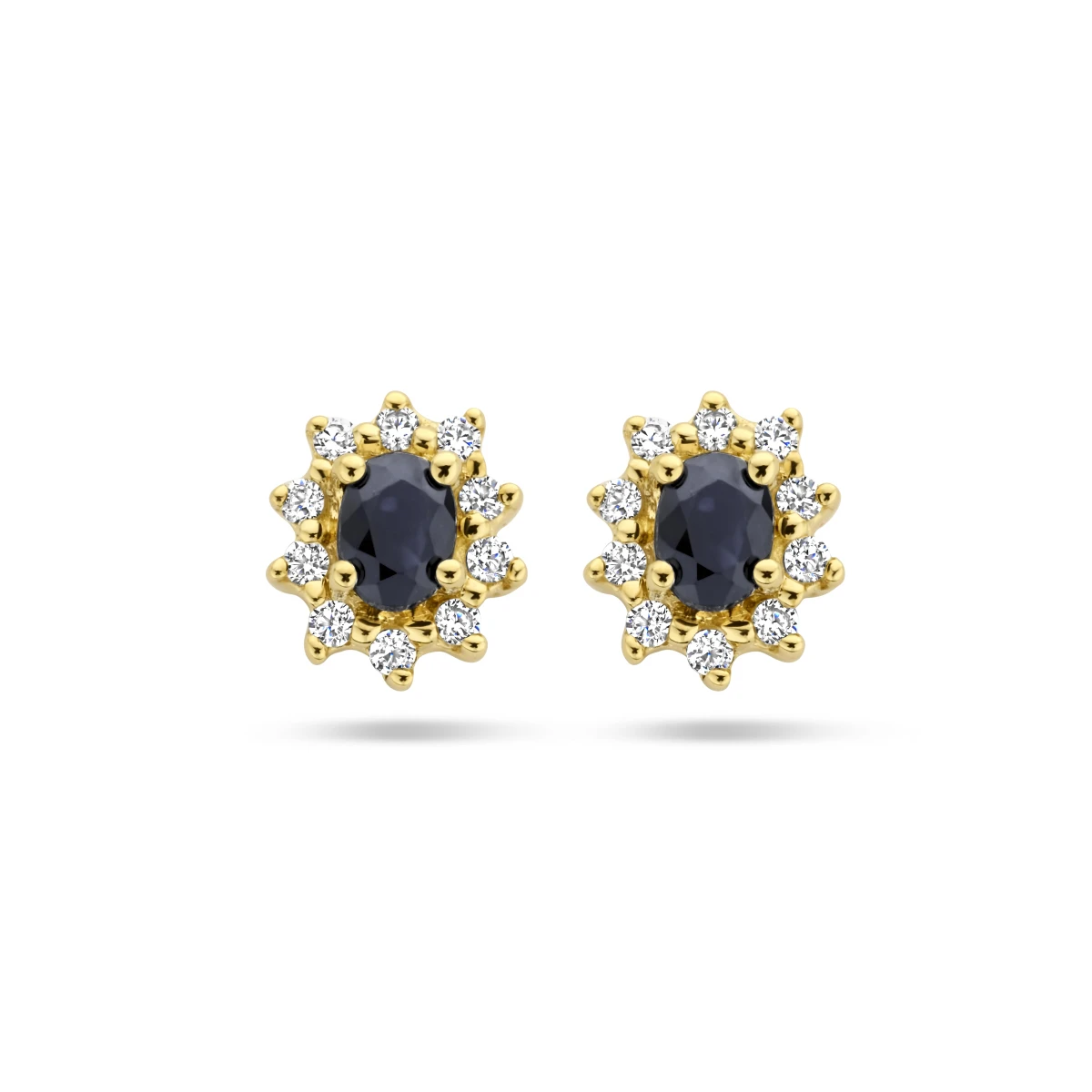 oorknoppen saffier en zirkonia halo 14K geelgoud
