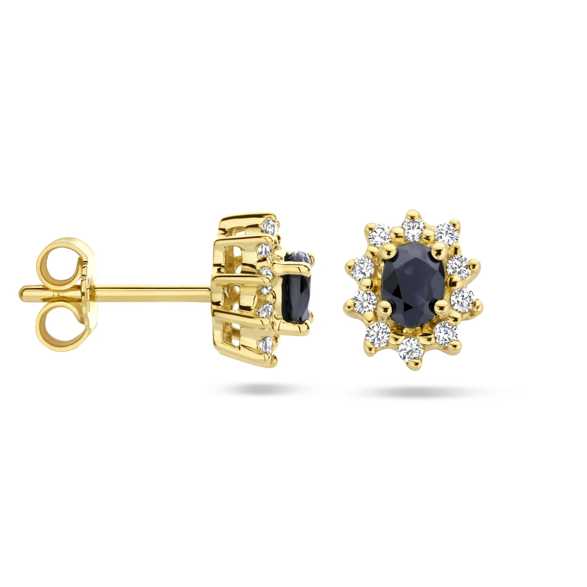 oorknoppen saffier en zirkonia halo 14K geelgoud