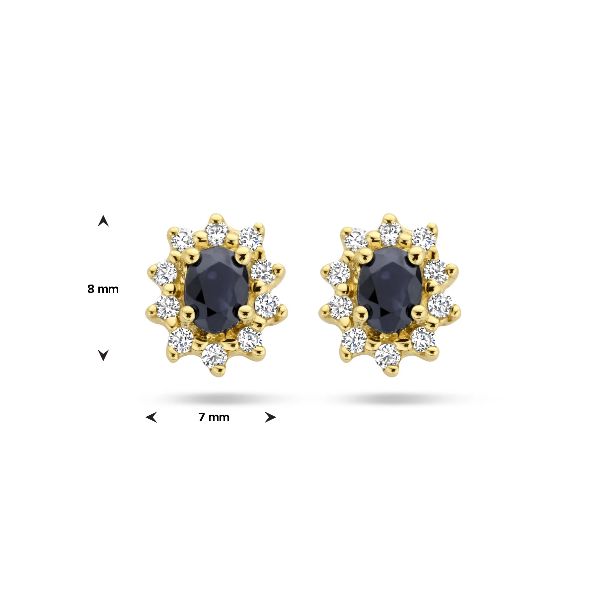 oorknoppen saffier en zirkonia halo 14K geelgoud