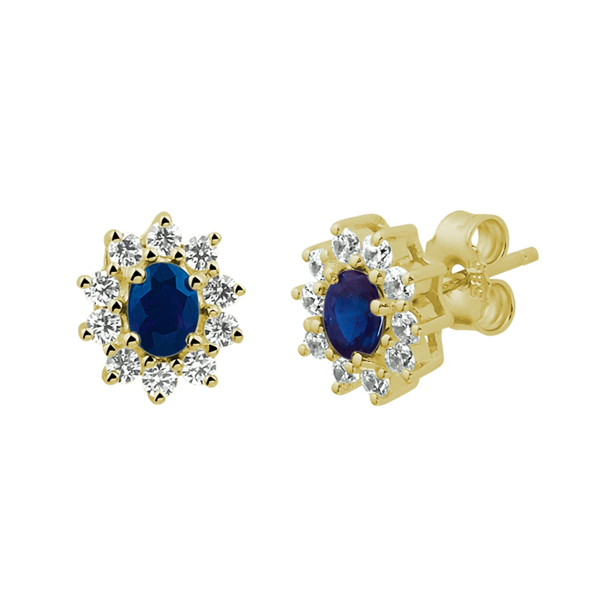 oorknoppen saffier en zirkonia halo 14K geelgoud