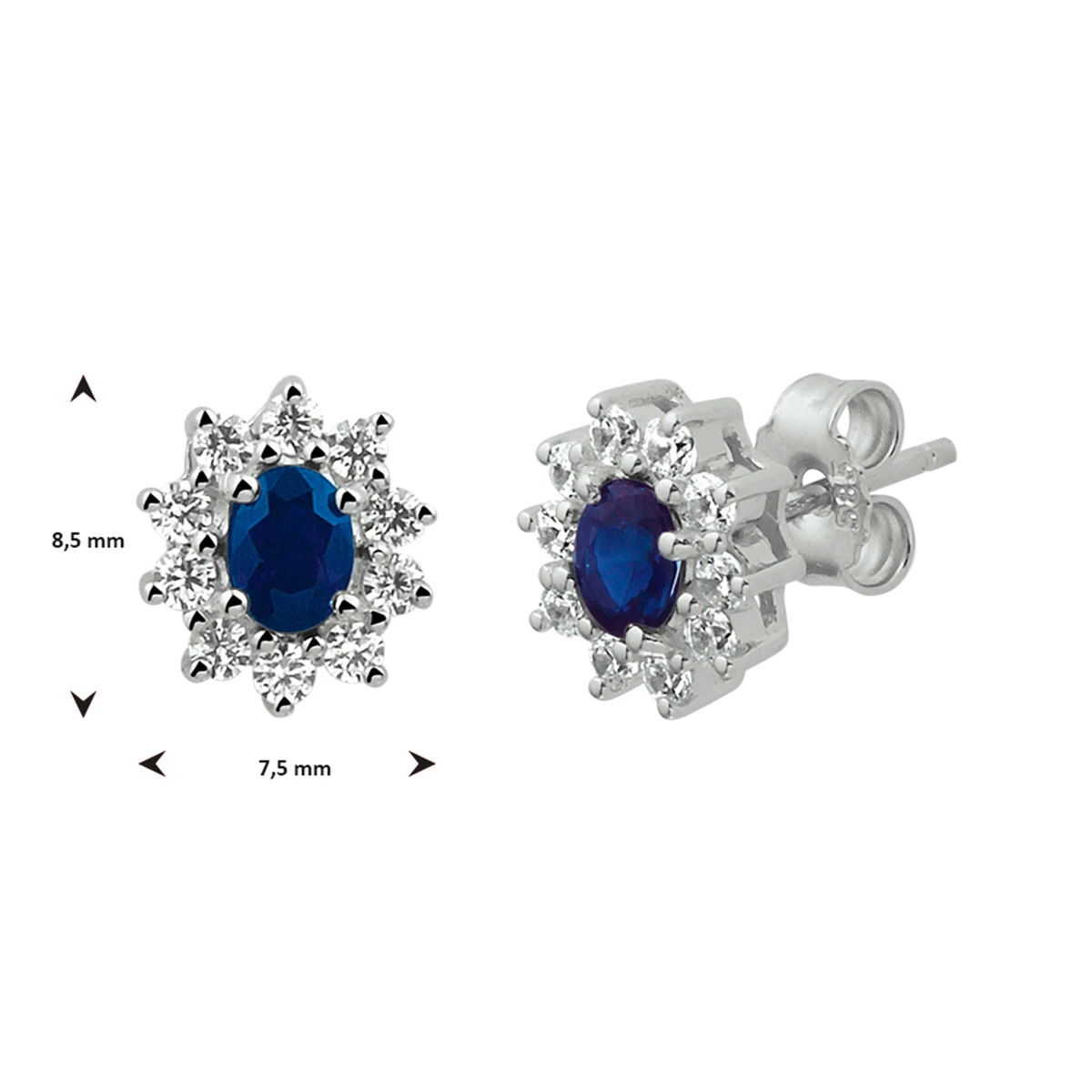 oorknoppen saffier en zirkonia halo 14K witgoud