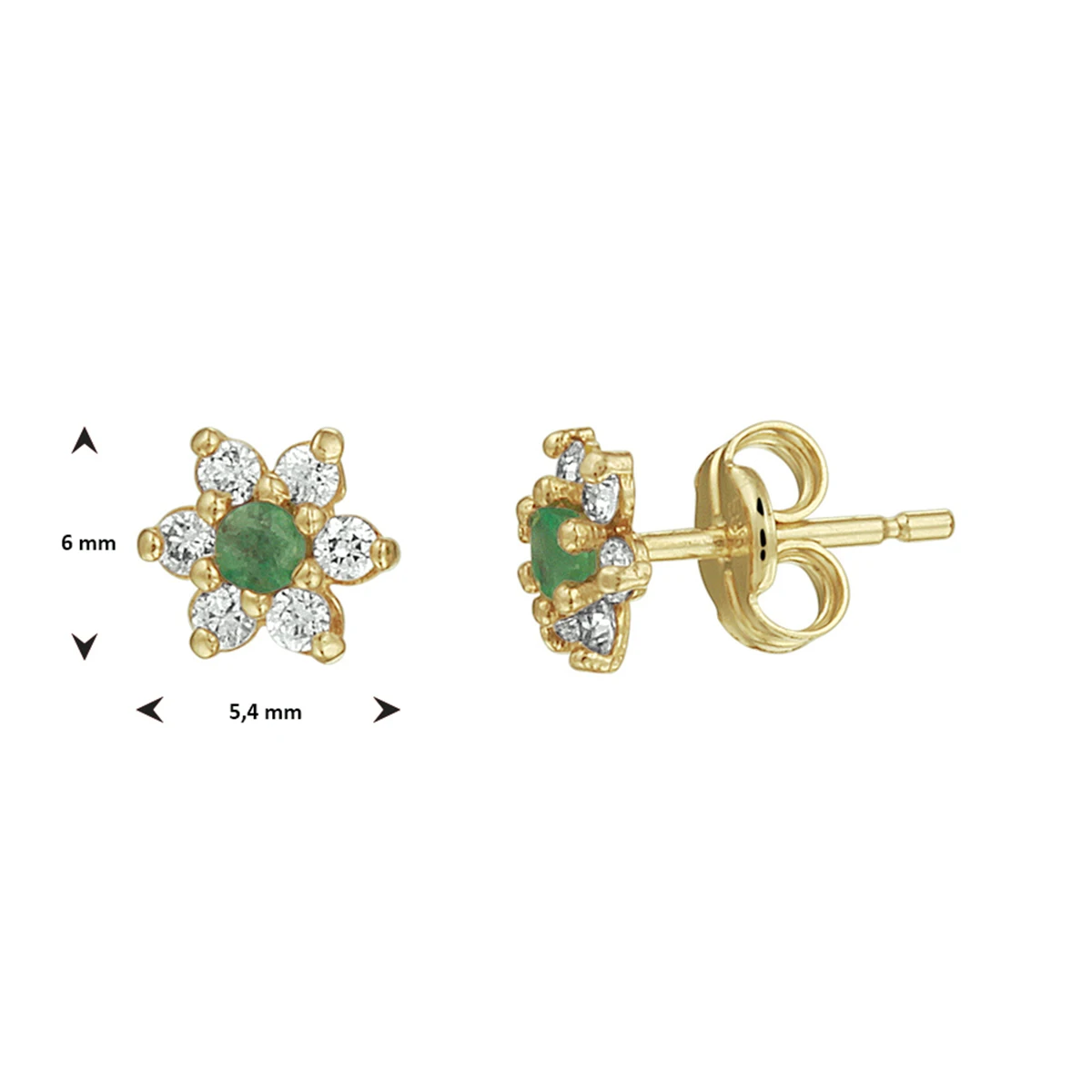 oorknoppen smaragd en zirkonia halo 14K geelgoud