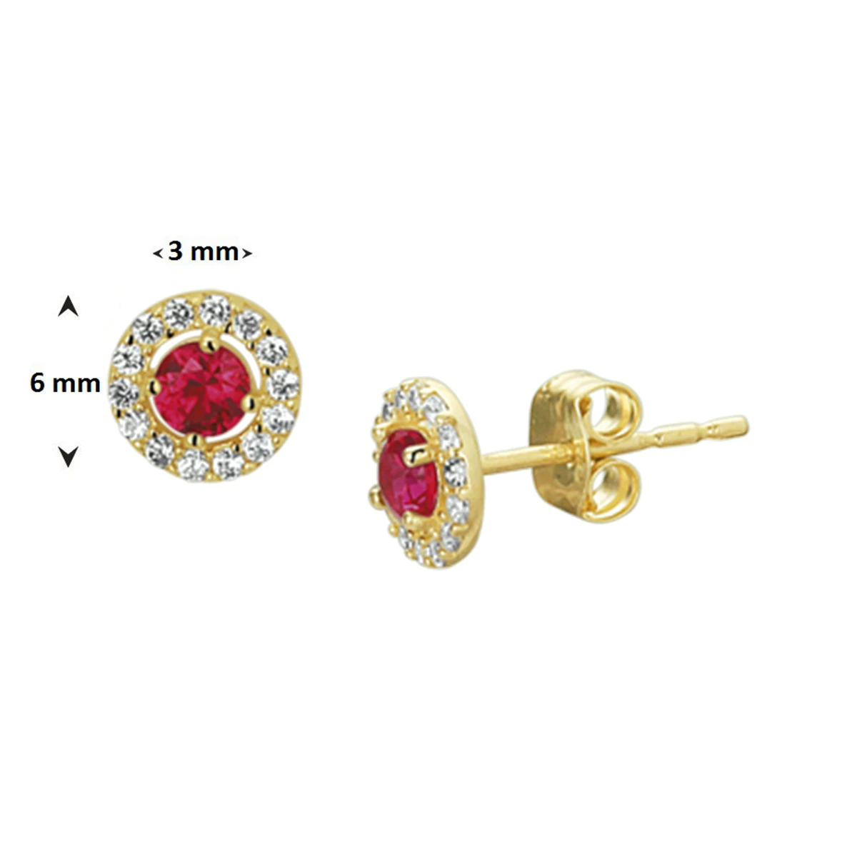 oorknoppen syn. robijn en zirkonia halo 14K geelgoud