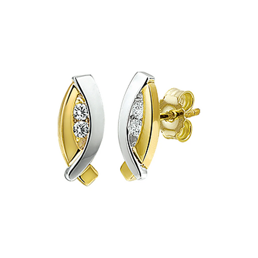 oorknoppen zirkonia 14K bicolor goud geel/wit