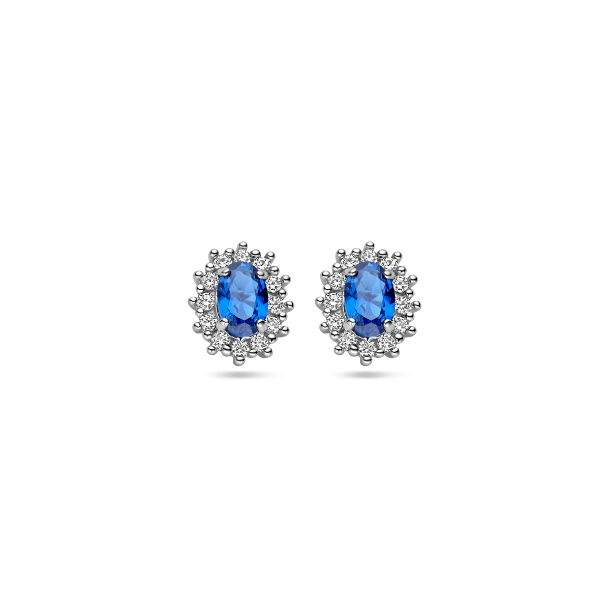 oorknoppen zirkonia en synthetische saffier halo zilver gerhodineerd