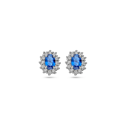 oorknoppen zirkonia en synthetische saffier halo zilver gerhodineerd