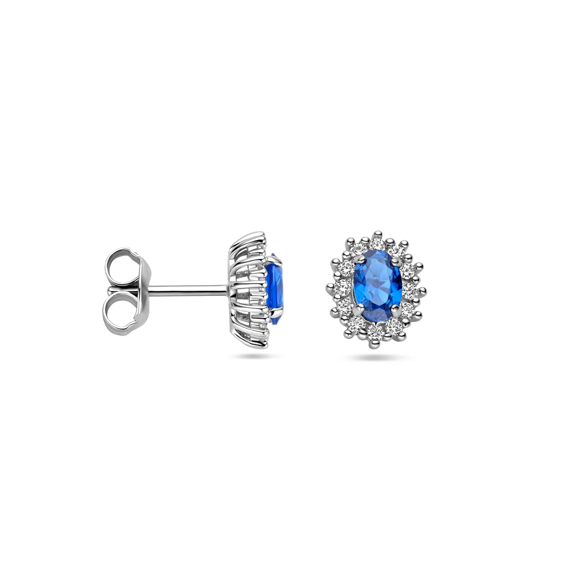 oorknoppen zirkonia en synthetische saffier halo zilver gerhodineerd