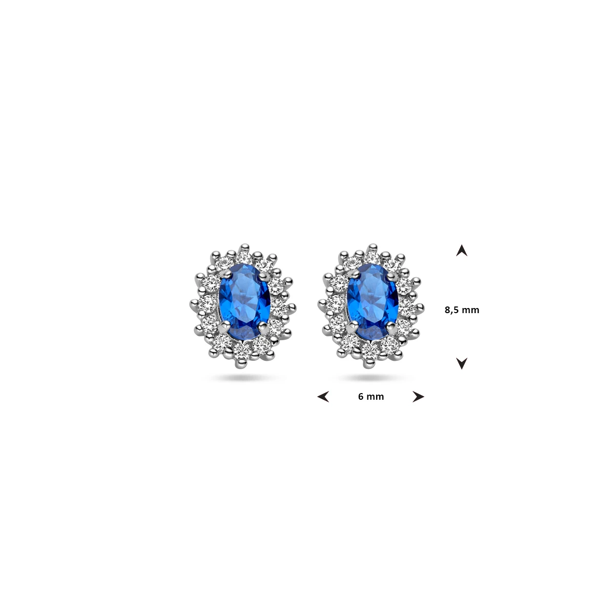 oorknoppen zirkonia en synthetische saffier halo zilver gerhodineerd