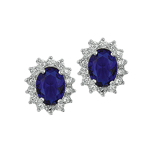 oorknoppen zirkonia en synthetische saffier halo zilver gerhodineerd