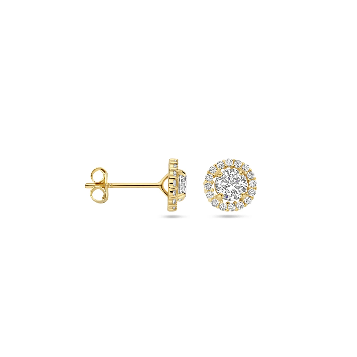 oorknoppen zirkonia halo 7 mm 14K geelgoud