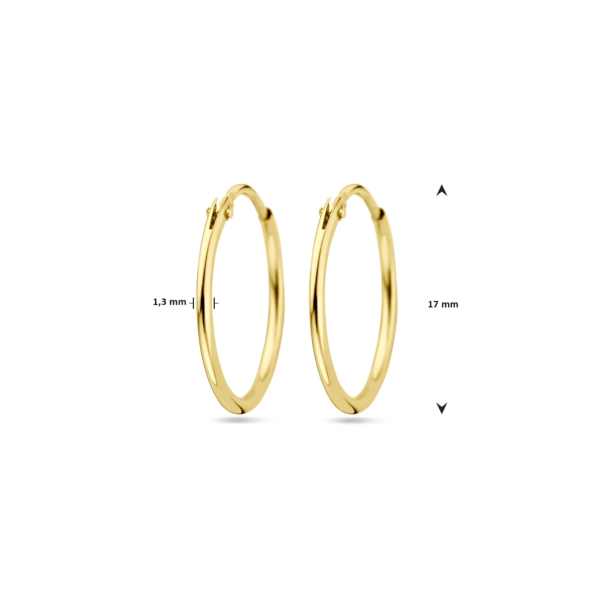 oorringen 1,3 mm ronde buis 14K geelgoud
