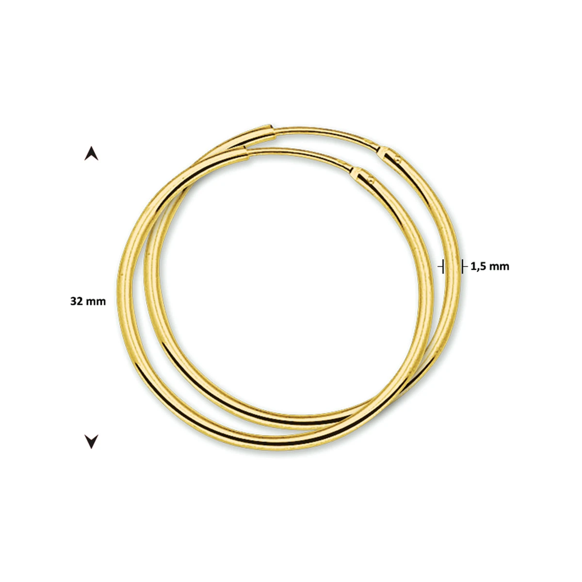 oorringen 1,5 mm ronde buis 14K geelgoud