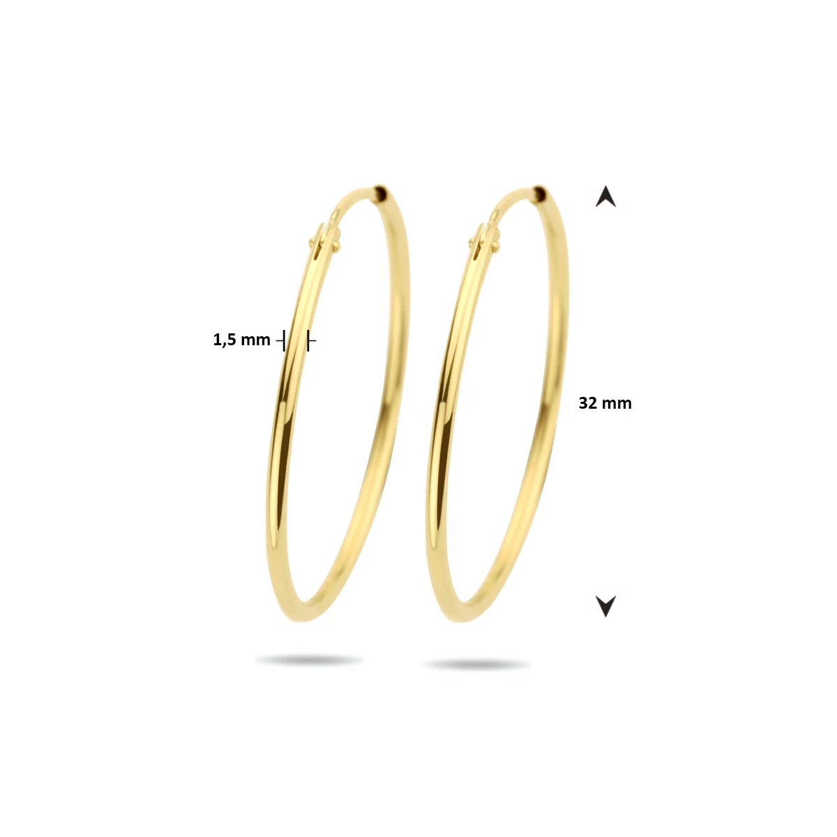 oorringen 1,5 mm ronde buis 14K geelgoud