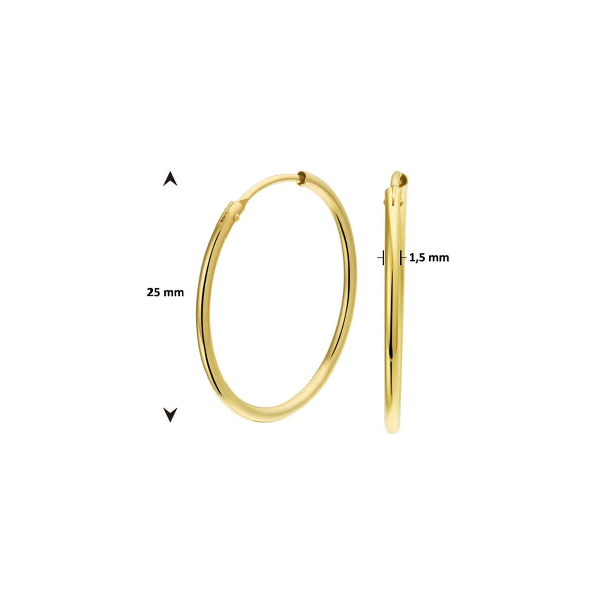 oorringen 1,5 mm ronde buis 14K geelgoud