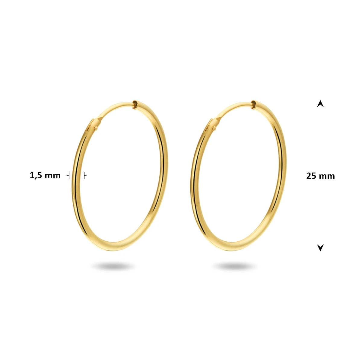 oorringen 1,5 mm ronde buis 14K geelgoud