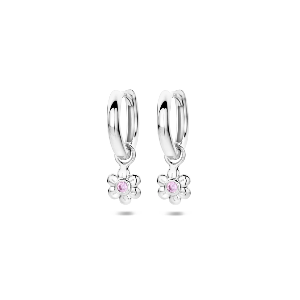 oorringen bloem roze zirkonia 12 mm zilver gerhodineerd