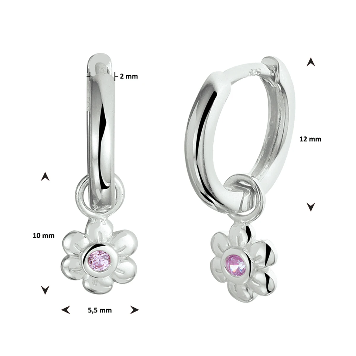 oorringen bloem roze zirkonia 12 mm zilver gerhodineerd