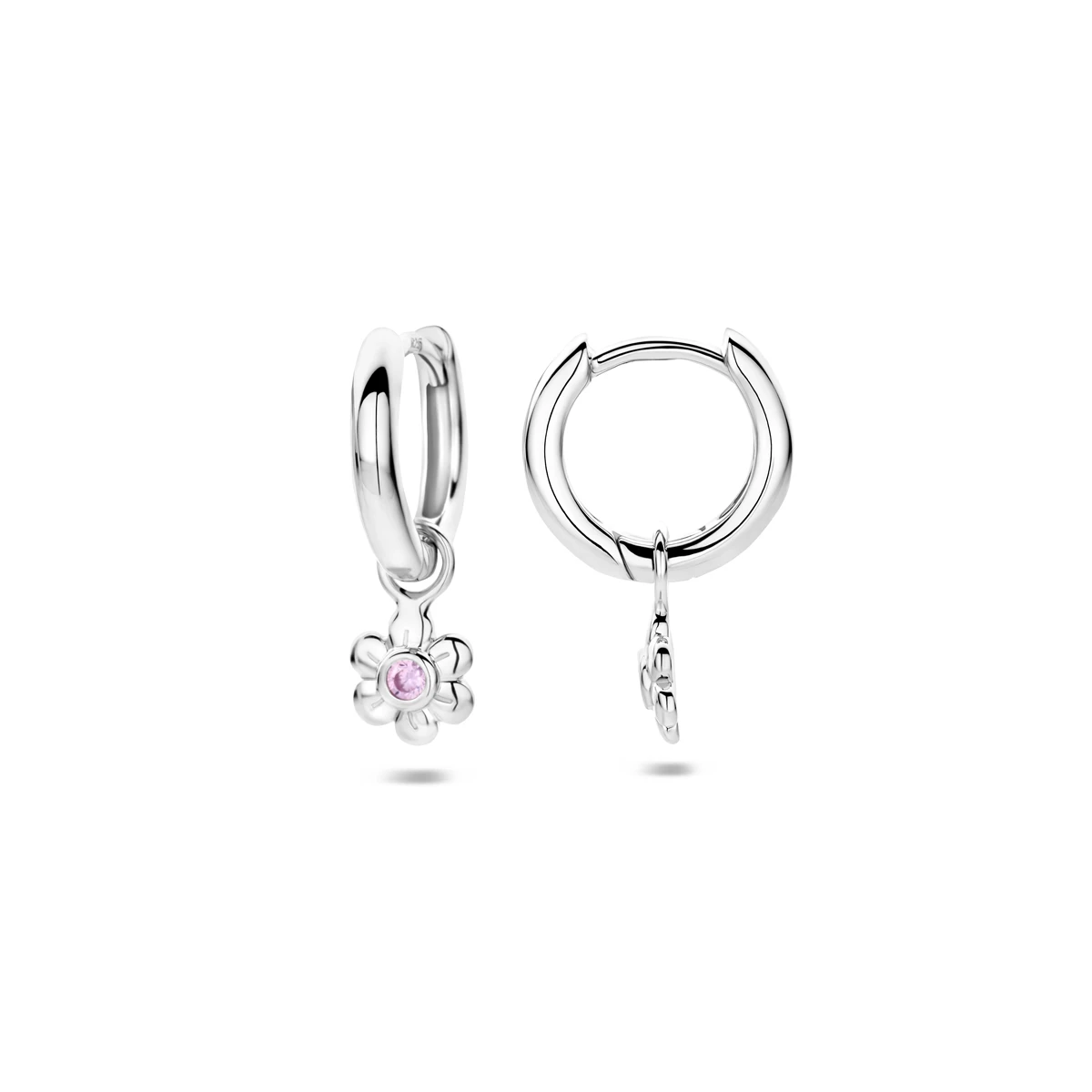 oorringen bloem roze zirkonia 12 mm zilver gerhodineerd