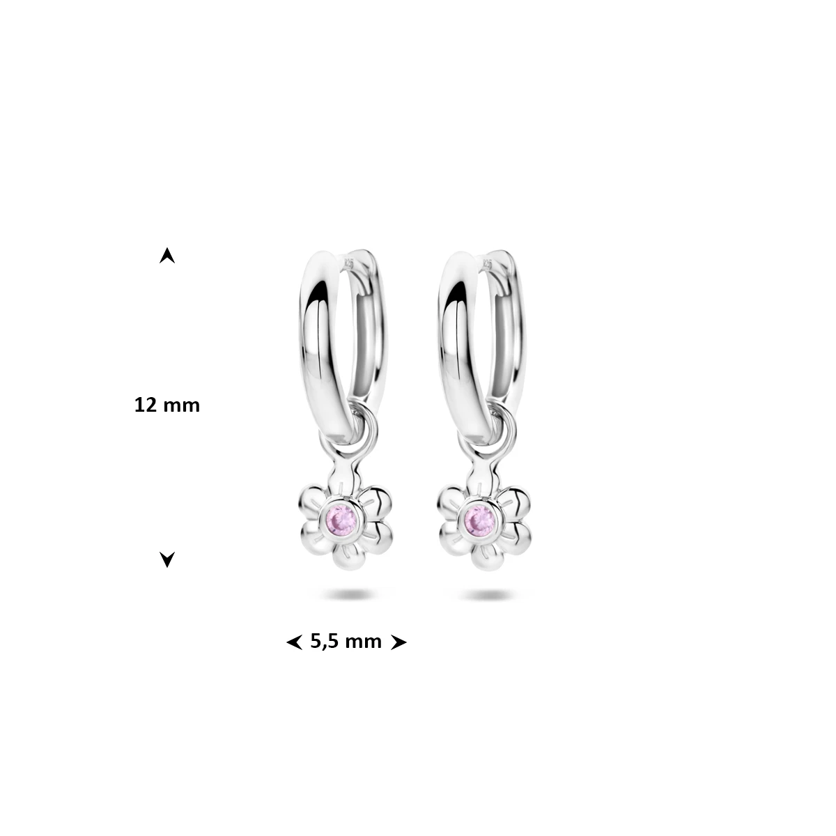 oorringen bloem roze zirkonia 12 mm zilver gerhodineerd