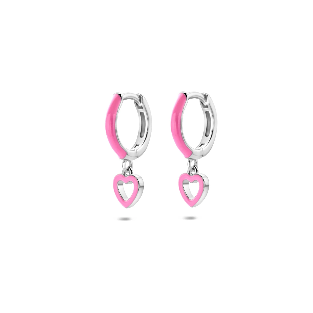 oorringen hartjes roze emaille 17 mm zilver gerhodineerd