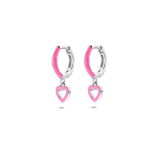 oorringen hartjes roze emaille 17 mm zilver gerhodineerd