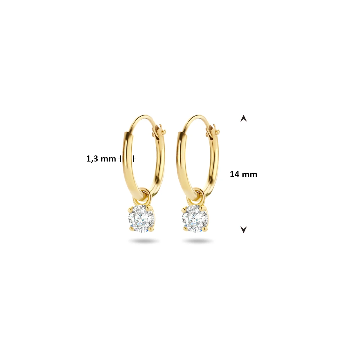 klapoorringen met hangers zirkonia 14 mm 14K geelgoud