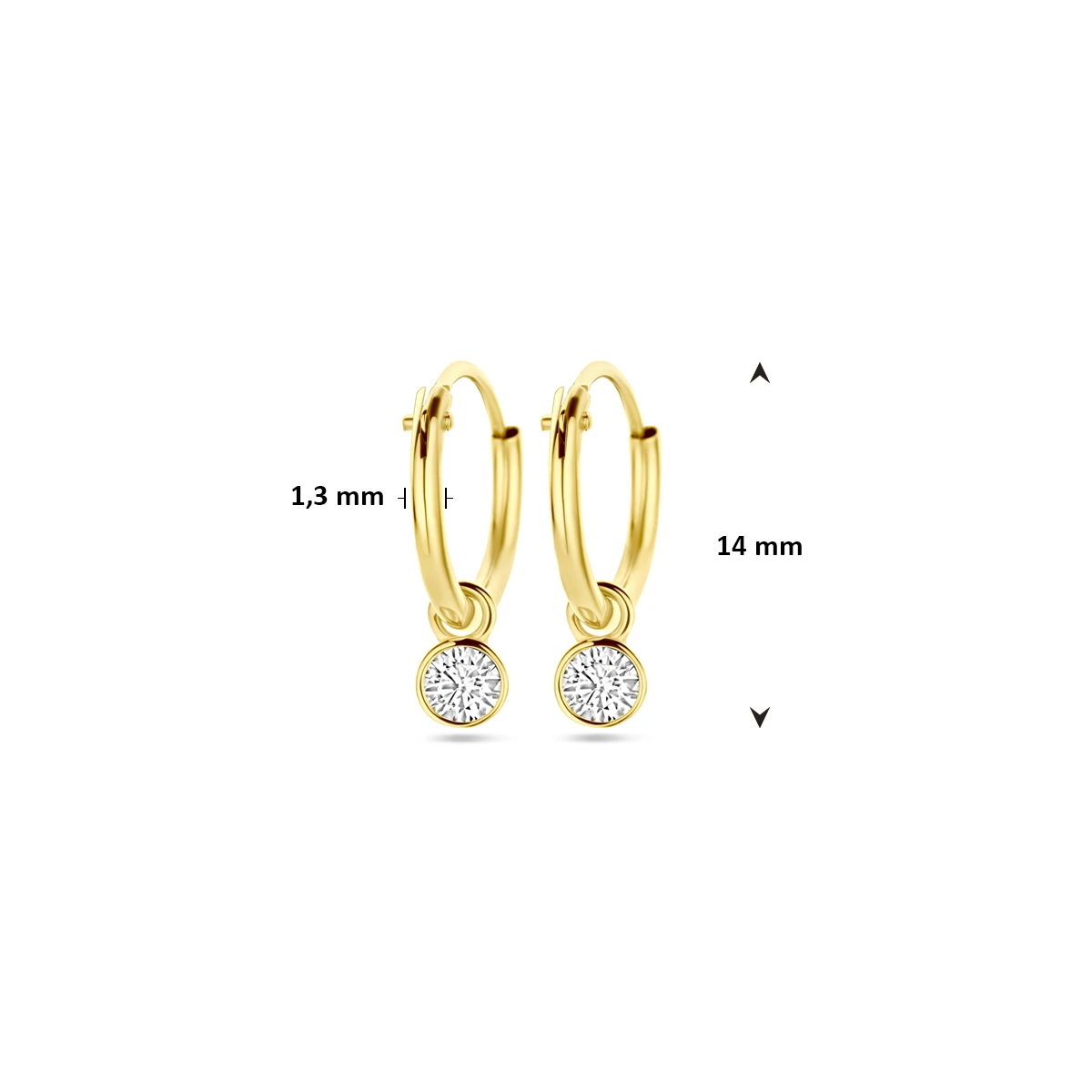 klapoorringen met hangers zirkonia 14 mm 14K geelgoud