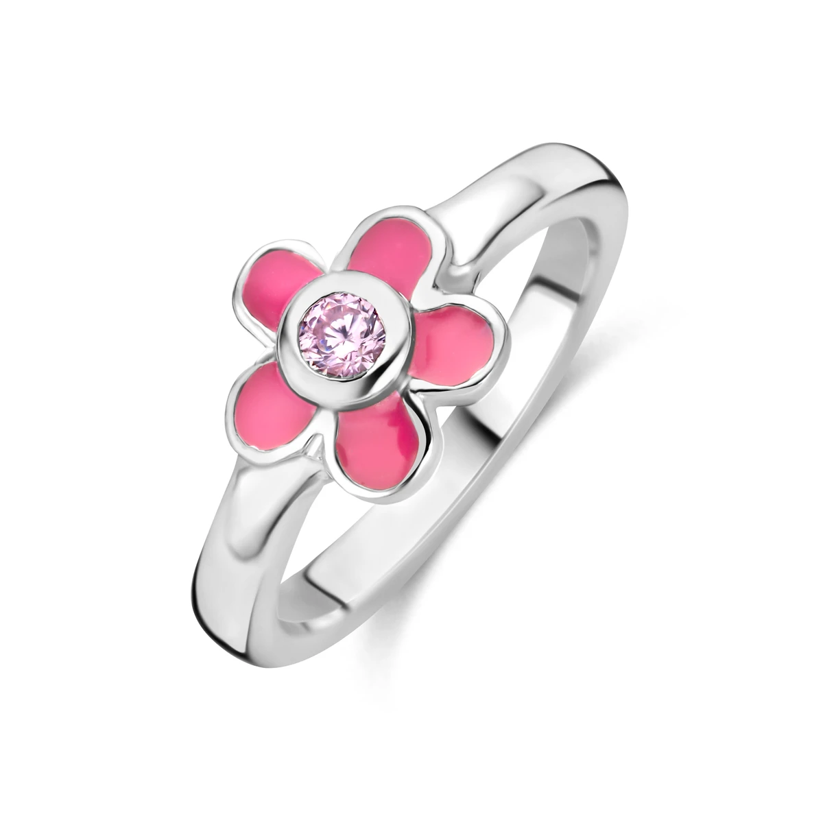 ring bloem roze zirkonia emaille zilver gerhodineerd