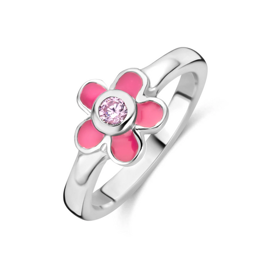 ring bloem roze zirkonia emaille zilver gerhodineerd