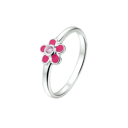 ring bloem roze zirkonia emaille zilver wit