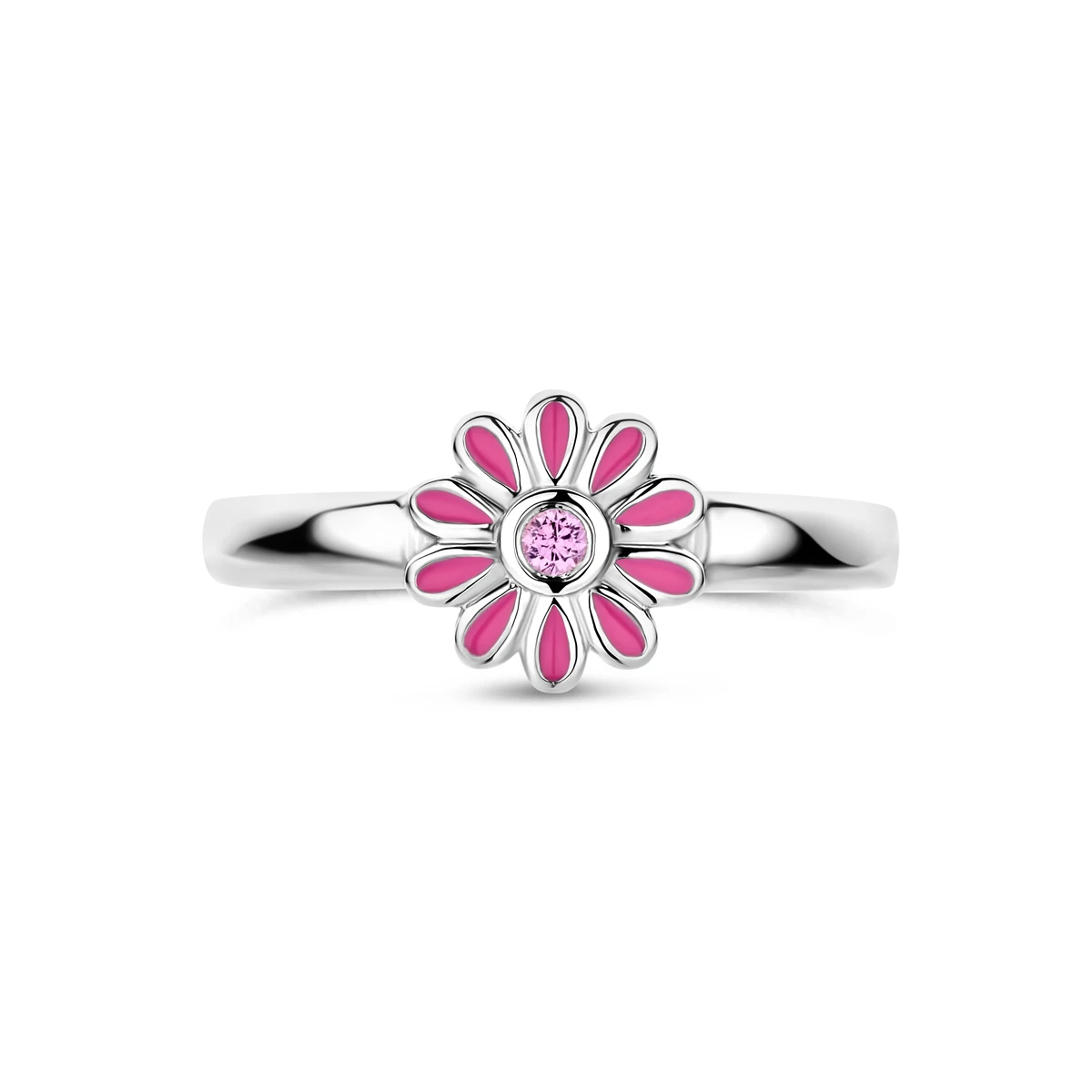 ring emaille bloem roze zirkonia zilver gerhodineerd