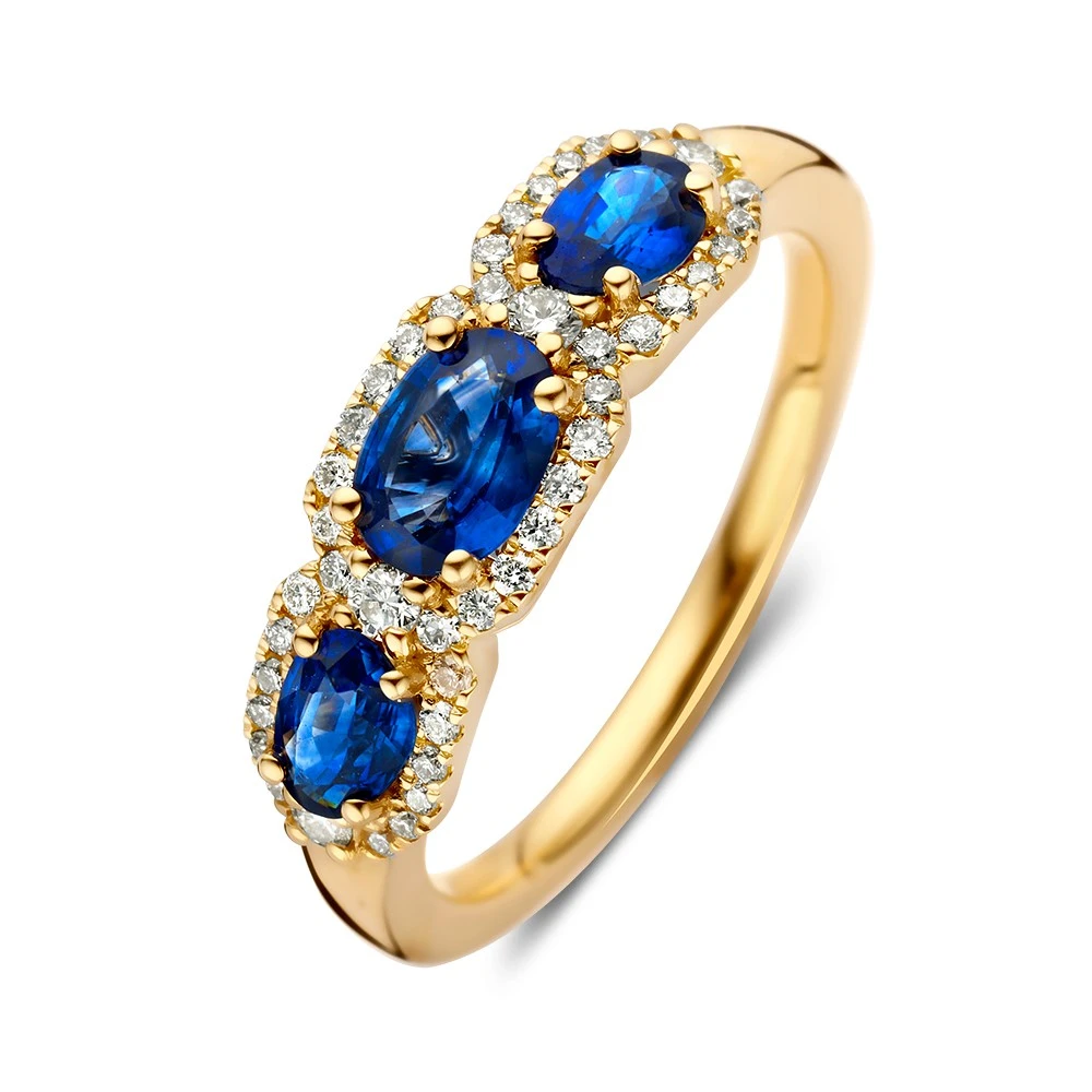 Ring geelgoud briljant + saffier Maat 56