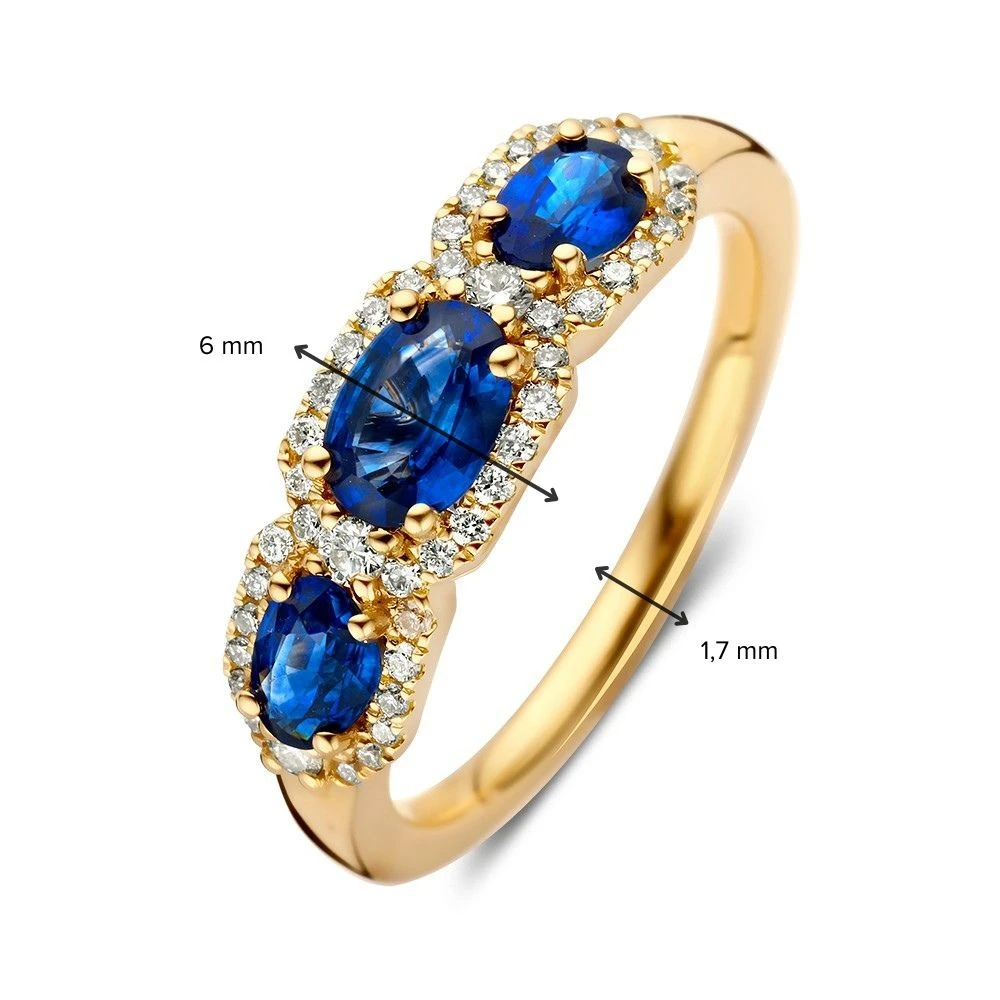 Ring geelgoud briljant + saffier Maat 56