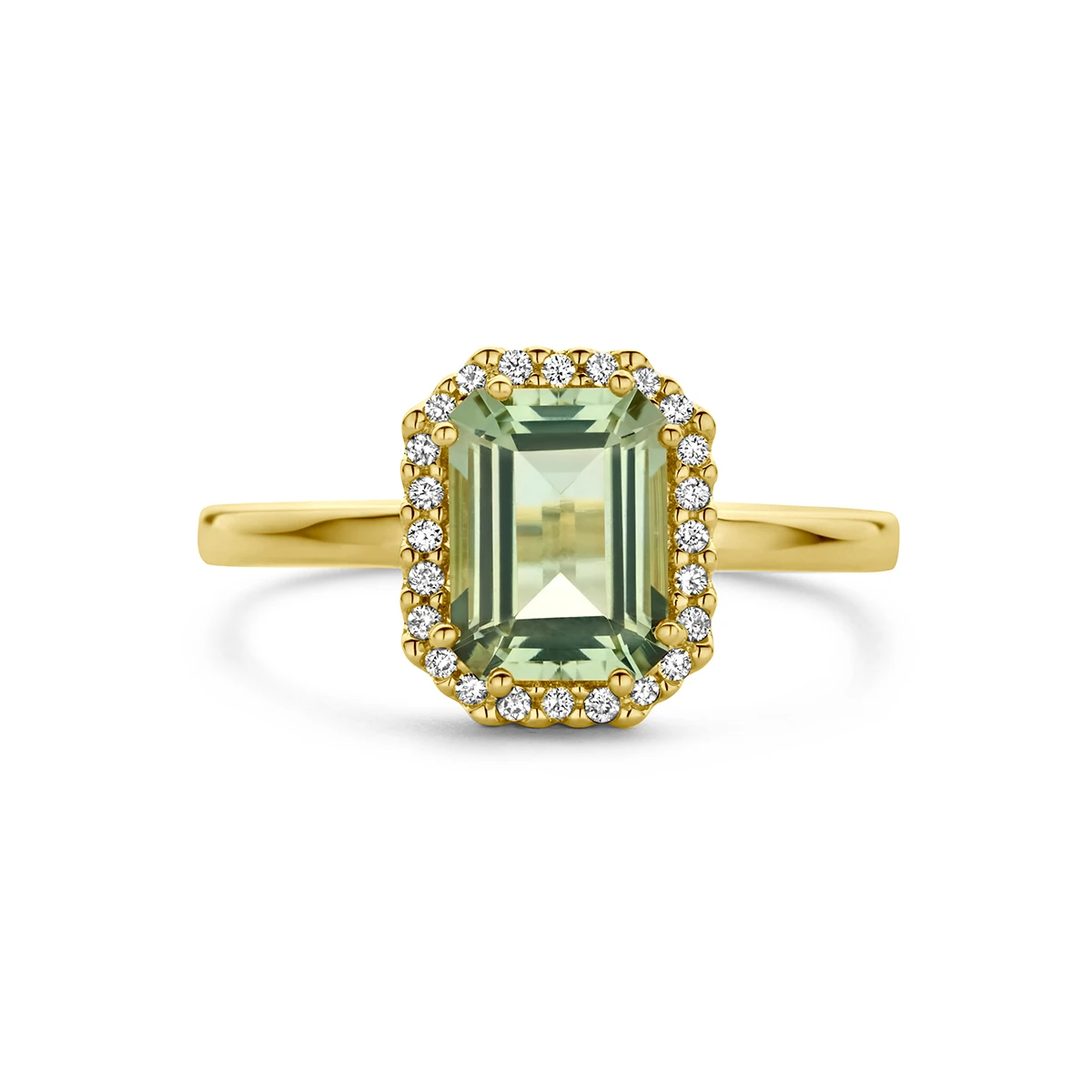 ring groen amethist en diamant 0.10ct h si halo 14K geelgoud